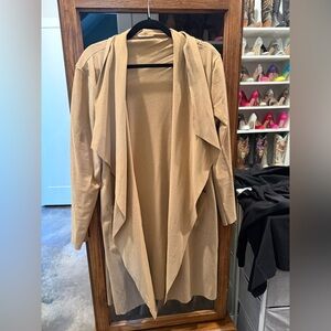 Beige Drape Front Long Open Cardigan